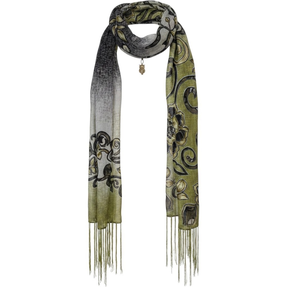 Floral Fringe Scarf Olive Green‎ Black with Crystal Owl Charm Slide Accessory